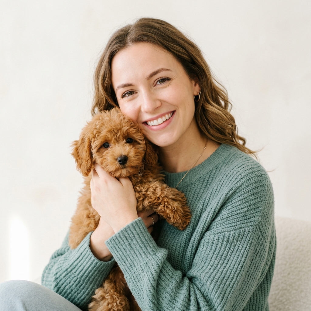 Woman warmly hugging a cute brown toy poodle