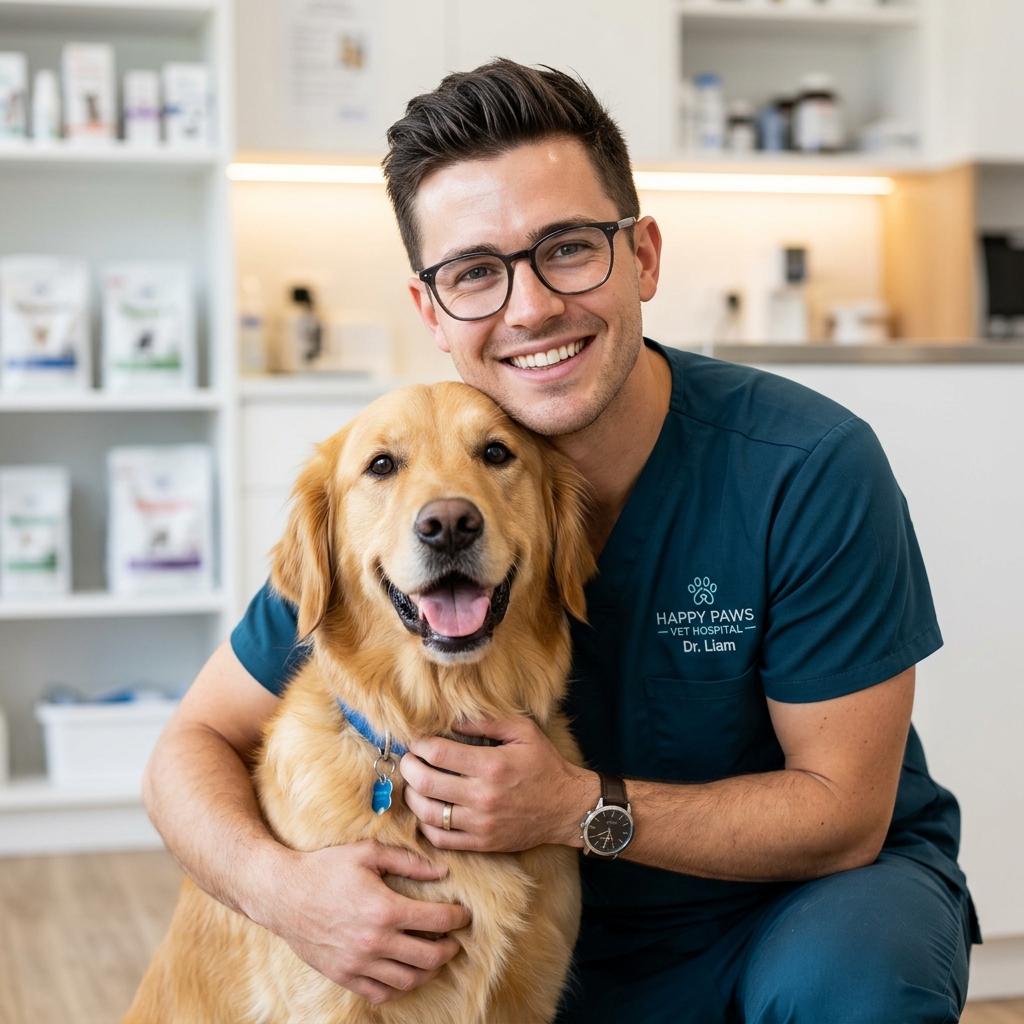 Veterinarian with glasses smiling warmly with a golden retriever dog
