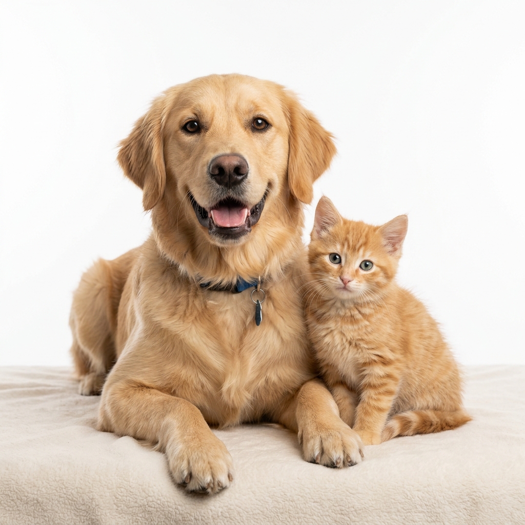 Cute kitten and golden retriever puppy